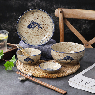 一人食陶瓷餐具套裝 日式 單人食堂飯碗盤(pán)子網(wǎng)紅ins復(fù)古情侶碗7件套