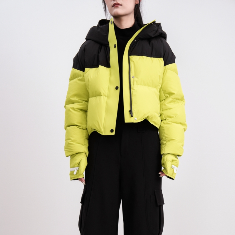 欧E专柜正品女装2025冬装新款配带手套时尚拼色连帽短款厚羽绒服