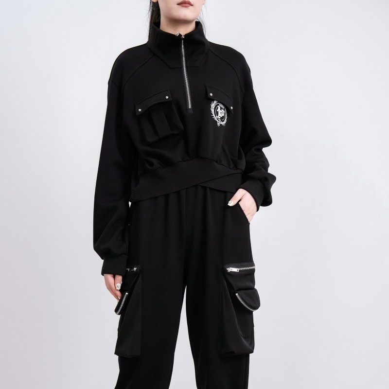 欧E专柜正品女装2025冬新款个性刺绣长袖T恤时尚方形立领小衫卫衣