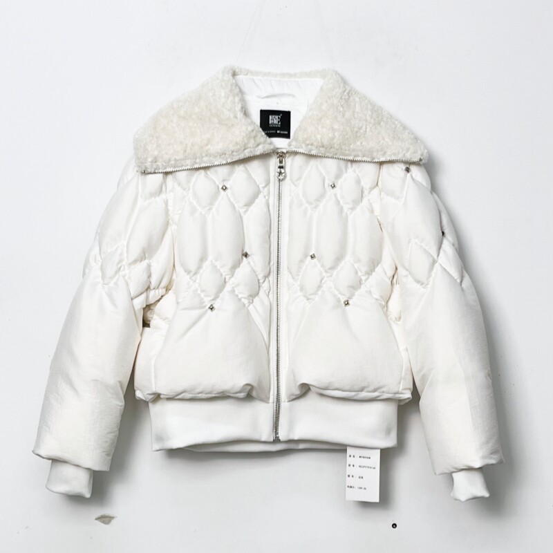 欧E专柜正品女装2025冬装新款时尚毛领外套个性菱形皱短款羽绒服