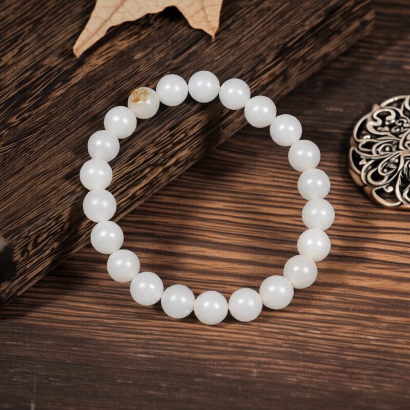 8mm新疆和田籽料白玉红沁皮手串 女款手链圆珠串 真籽真皮民族风