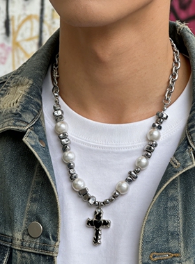 爱心十字架珍珠项链男choker颈链