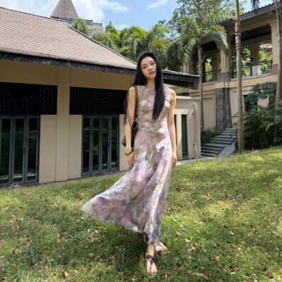 薄雾云野丨100桑蚕丝丨45°斜裁丨16姆米双绉度假风连衣裙-MY6772