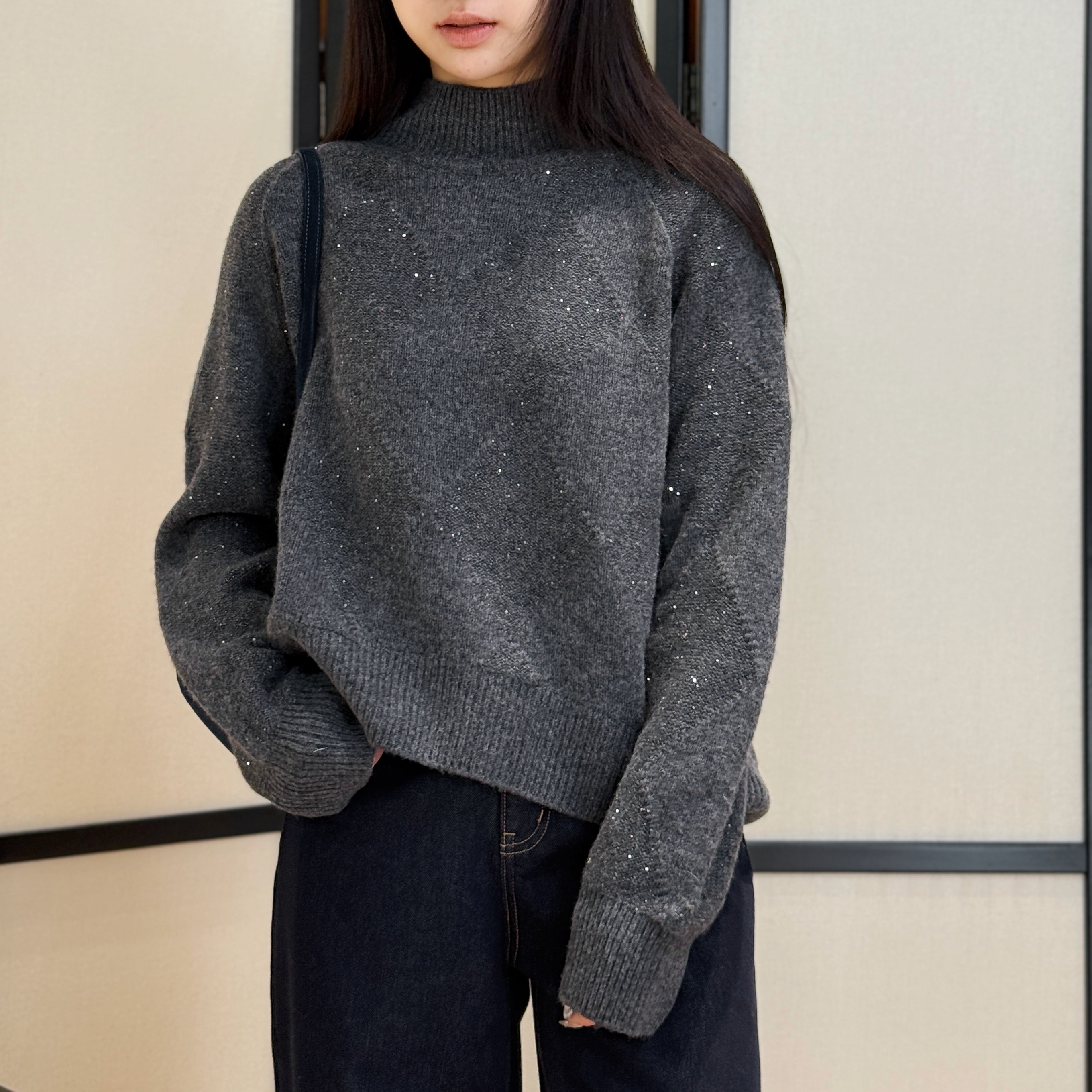 夜空的折角丨100绵羊毛丨金银丝竹片纱菱形格嵌花针织衫-MY6466