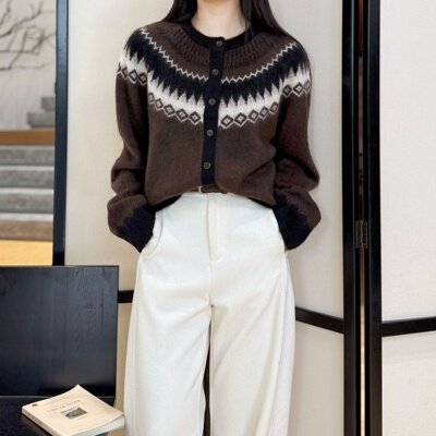 摩尔丨100牦牛绒拉毛工艺丨费尔岛提花圆领针织开衫-MY6578