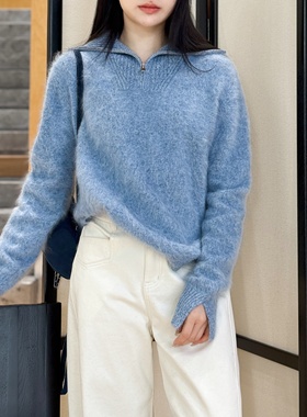 苹果奶绿丨100山羊绒成衣拉毛丨STOLL机织半拉链厚羊绒衫-MY6549