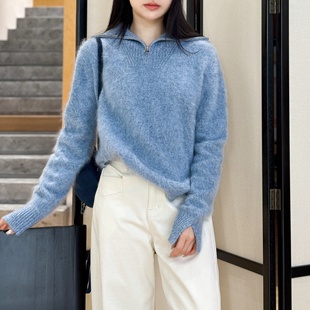 苹果奶绿丨100山羊绒成衣拉毛丨STOLL机织半拉链厚羊绒衫-MY6549