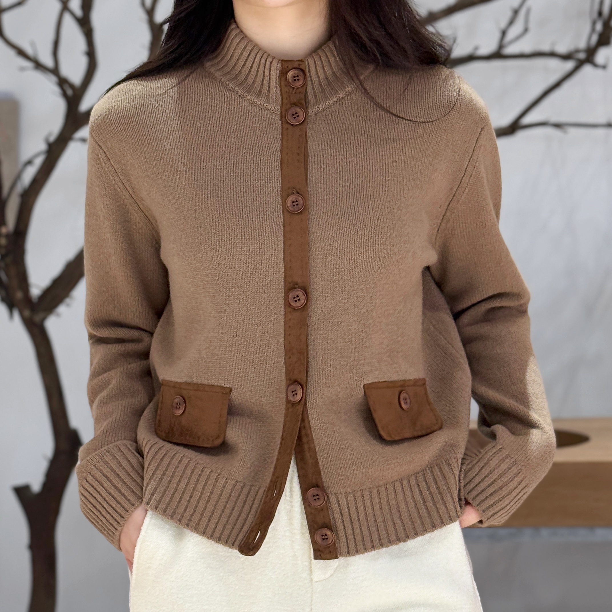 虚无的岛屿丨100绵羊毛丨LP风老钱风麂皮拼接羊毛针织开衫-MY6459