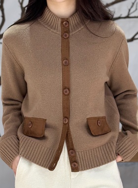 虚无的岛屿丨100绵羊毛丨LP风老钱风麂皮拼接羊毛针织开衫-MY6459