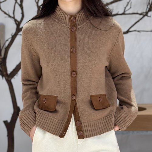 虚无的岛屿丨100绵羊毛丨LP风老钱风麂皮拼接羊毛针织开衫-MY6459