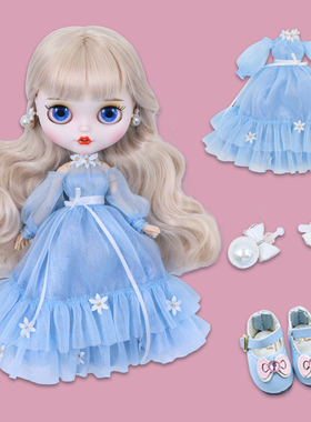 DBS Blythe小布娃娃超仙雏菊蓝色长纱裙衣服OB24丽佳azone娃衣