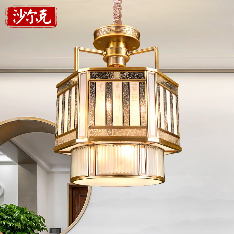 新中式全铜灯餐厅吊灯古典黄铜灯具书房灯门厅吊灯中国风别墅灯饰_虎窝淘