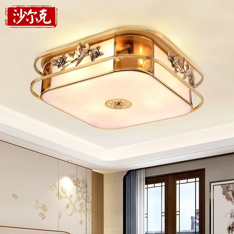 简约新中式全铜方形卧室吸顶灯