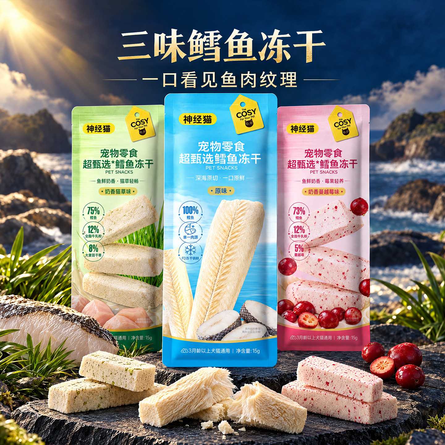 猫咪零食鳕鱼冻干宠物原切磨牙棒营养美毛小鱼干增肥肉块猫粮桶装