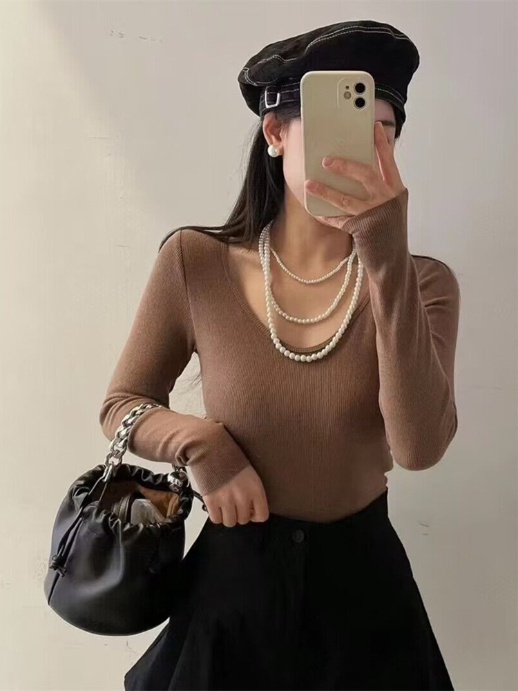 가을 겨울 보온 속옷 브이넥 가슴 패드 긴팔 바닥 셔츠 심플 양면 벨벳 보온 티셔츠[브라 없음]