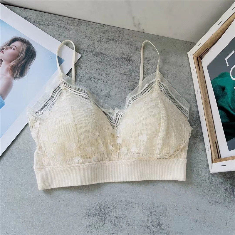 背心式文胸性感V领小爱心蕾丝短款一体杯固定乳胶垫聚拢内衣抹胸