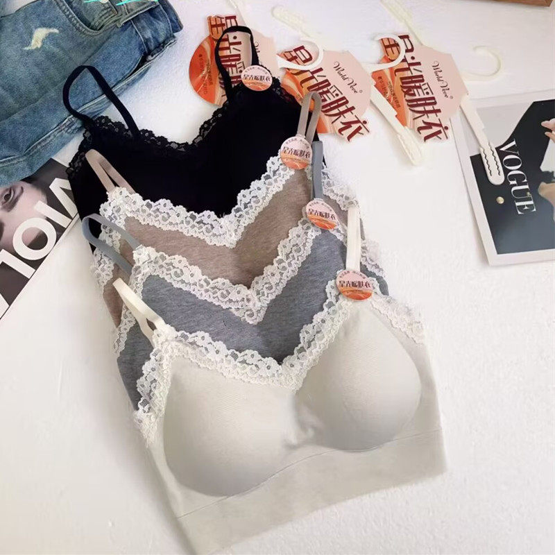 法式V领蕾丝边抹胸固定杯聚拢内衣女亮丝星光暖肤防走光无痕美背