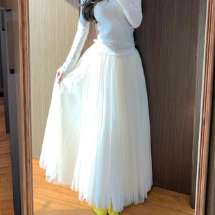 2026春季新款纱裙白色网纱半身裙女垂坠感a字高腰长裙大摆蓬蓬裙
