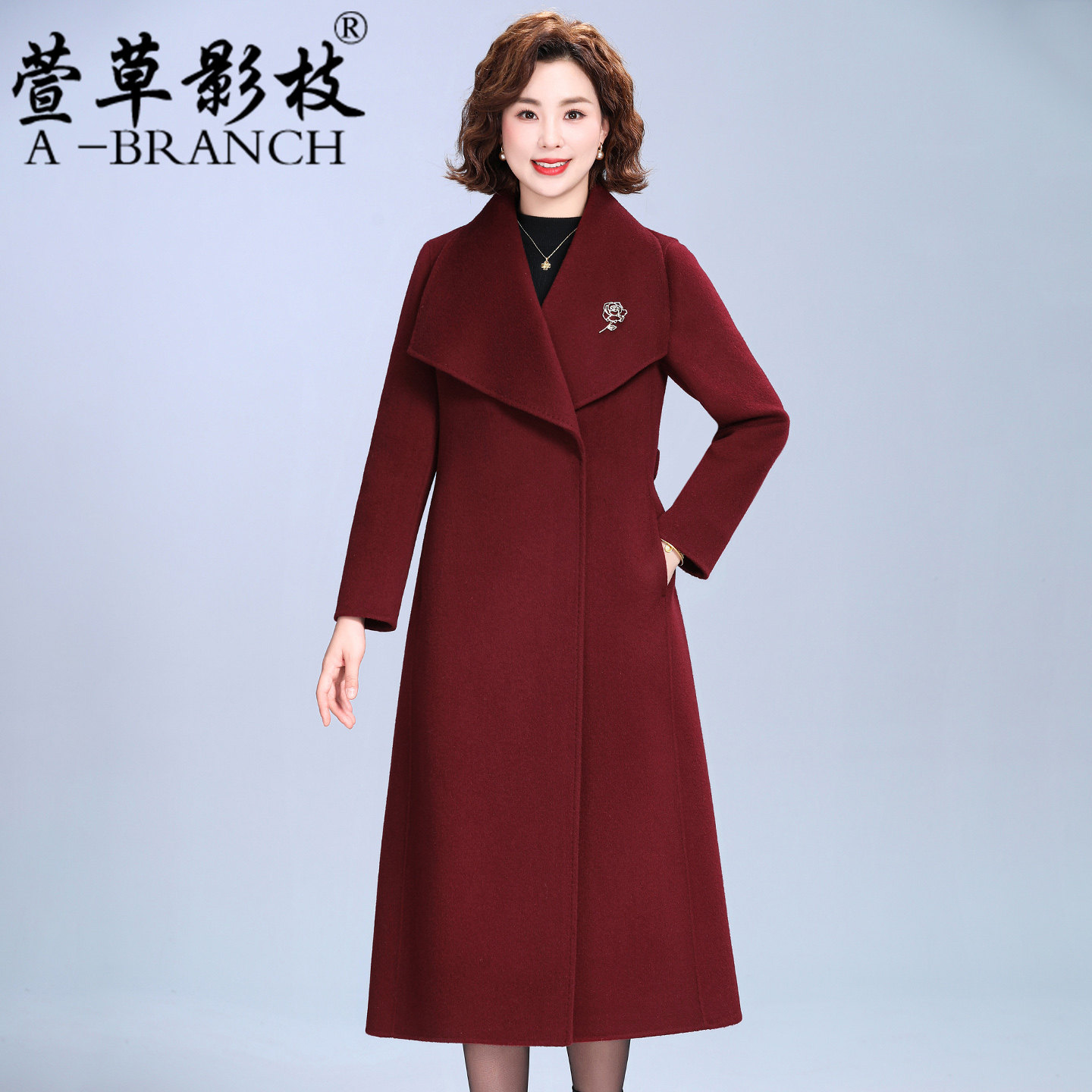 妈妈红色双面绒羊毛大衣秋冬季高贵夫人羊毛呢外套女喜婆婆婚宴装