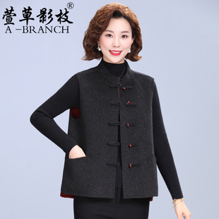 新中式妈妈秋冬装双面羊毛呢马甲外套中老年人复古坎肩呢子上衣女