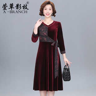 洋气妈妈新中式连衣裙秋冬长袖中老年女大码高贵喜婆婆结婚宴礼服