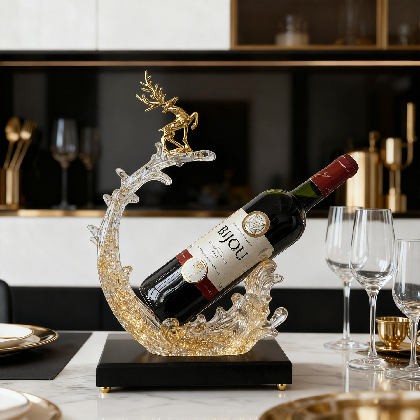 透明树脂一"鹿"生花红酒架新中式酒柜桌面酒架客厅电视柜装饰摆件