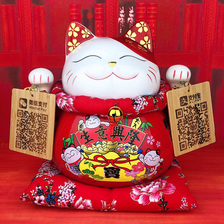 生意兴隆招财猫摆件二维码定制雕刻木牌 大创意商店铺开业送礼品