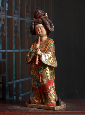 仿古陶器摆件彩绘鎏金贴金仕女侍