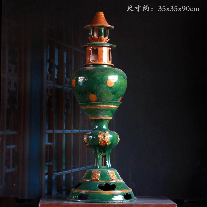 唐三彩仿古瓷器塔式罐双系罐汉绿罐香炉老物件收藏民宿酒店摆件