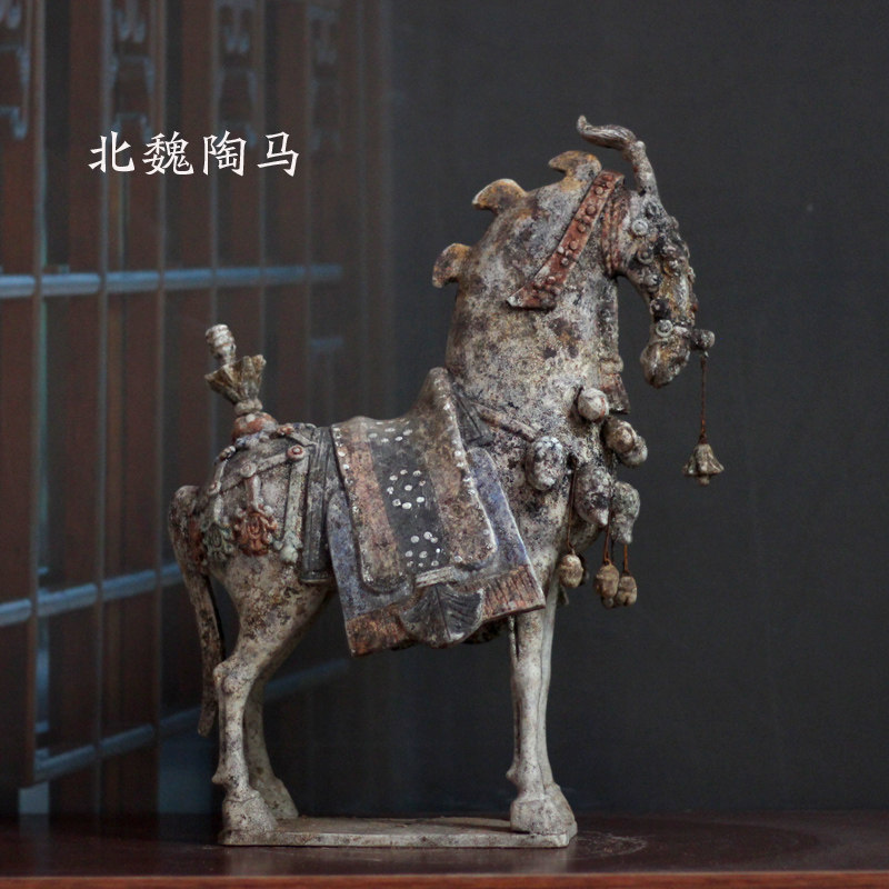 北魏仿古陶马摆件手绘画彩复古陶器古风老货老物件收藏品真艺术品