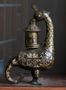 仿古错金青铜器鸟灯牛灯鸮尊摆件