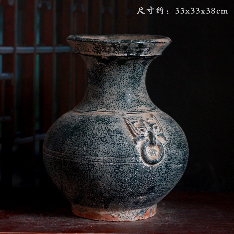 仿古陶器汉绿釉陶罐摆件灰陶兽纹瓶古物复制品礼品客厅装饰品摆件