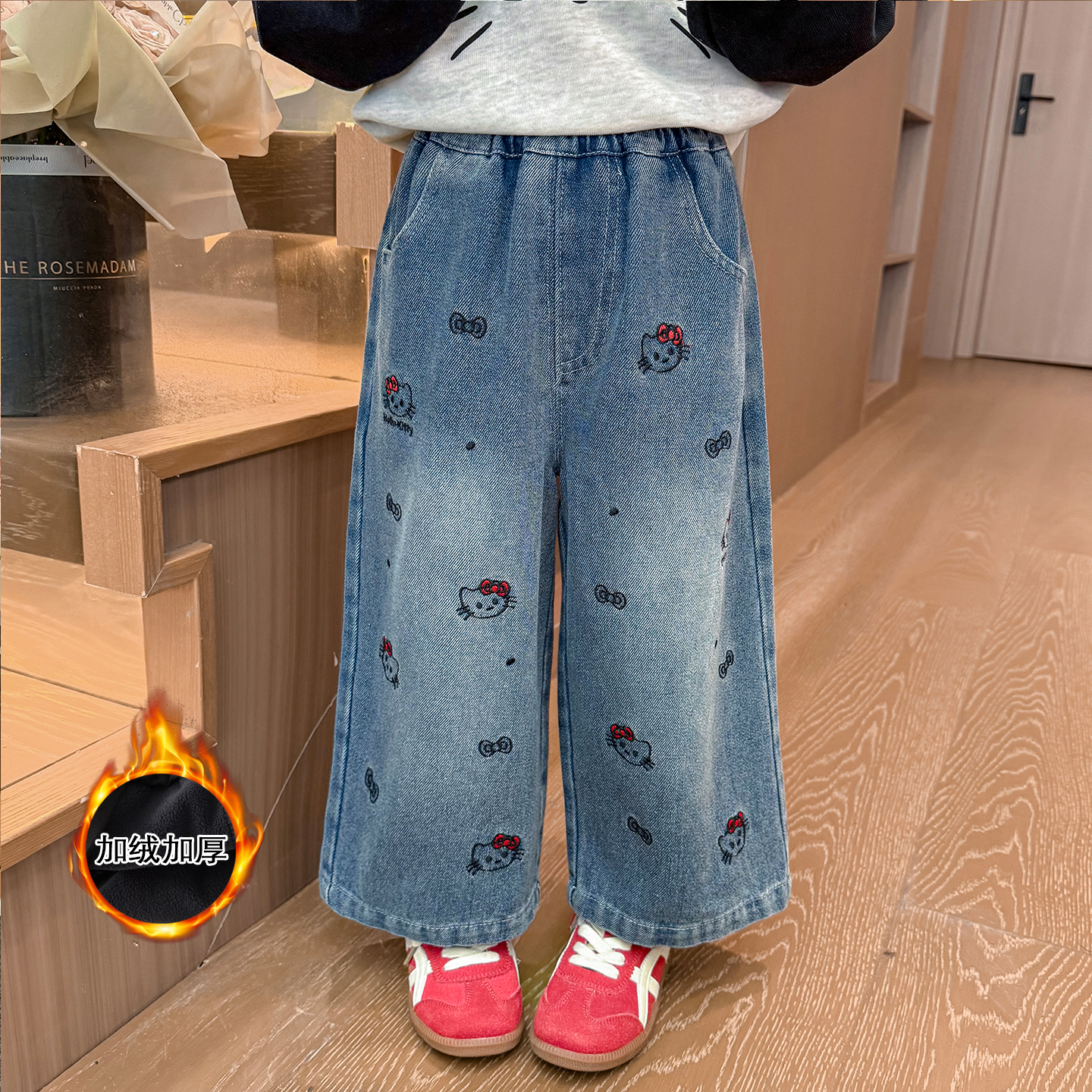 女童加绒直筒牛仔裤秋冬2025新款小女孩一体绒保暖冬装儿童阔腿裤