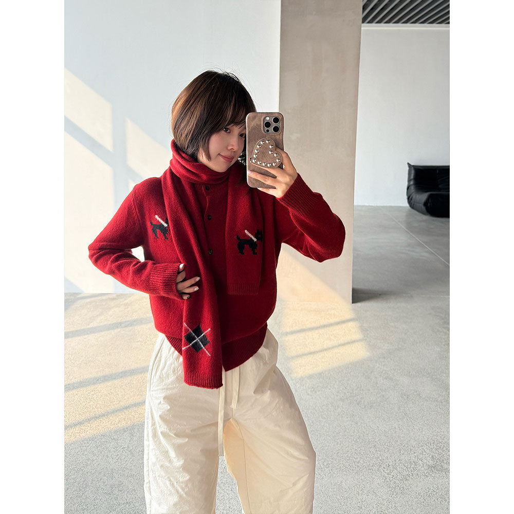 绵羊毛小狗提花女冬针织开衫