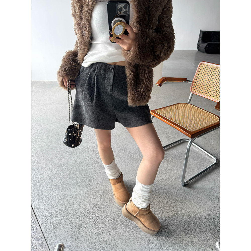 韩系百搭毛呢短裤女秋冬高腰显瘦压褶松紧腰休闲