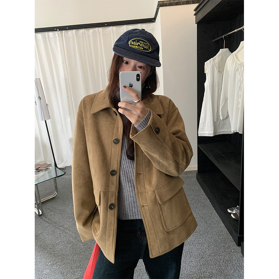 复古美拉德麂皮绒西装外套女秋冬机车服中长款休闲大衣