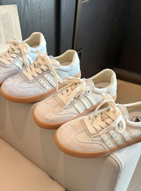 跟高3cm复古百搭德训鞋女2026春季新款真皮显脚小休闲板鞋小白鞋