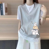 上衣 显瘦遮肉打底衫 外贸清仓出口100%纯棉V领假两件短袖 T恤女夏季