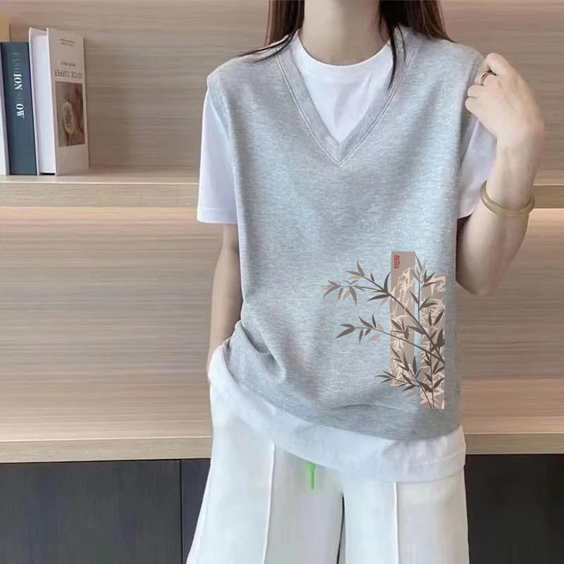 品牌清仓外贸出口100%纯棉气质短袖T恤女时尚半袖假两件打底上衣