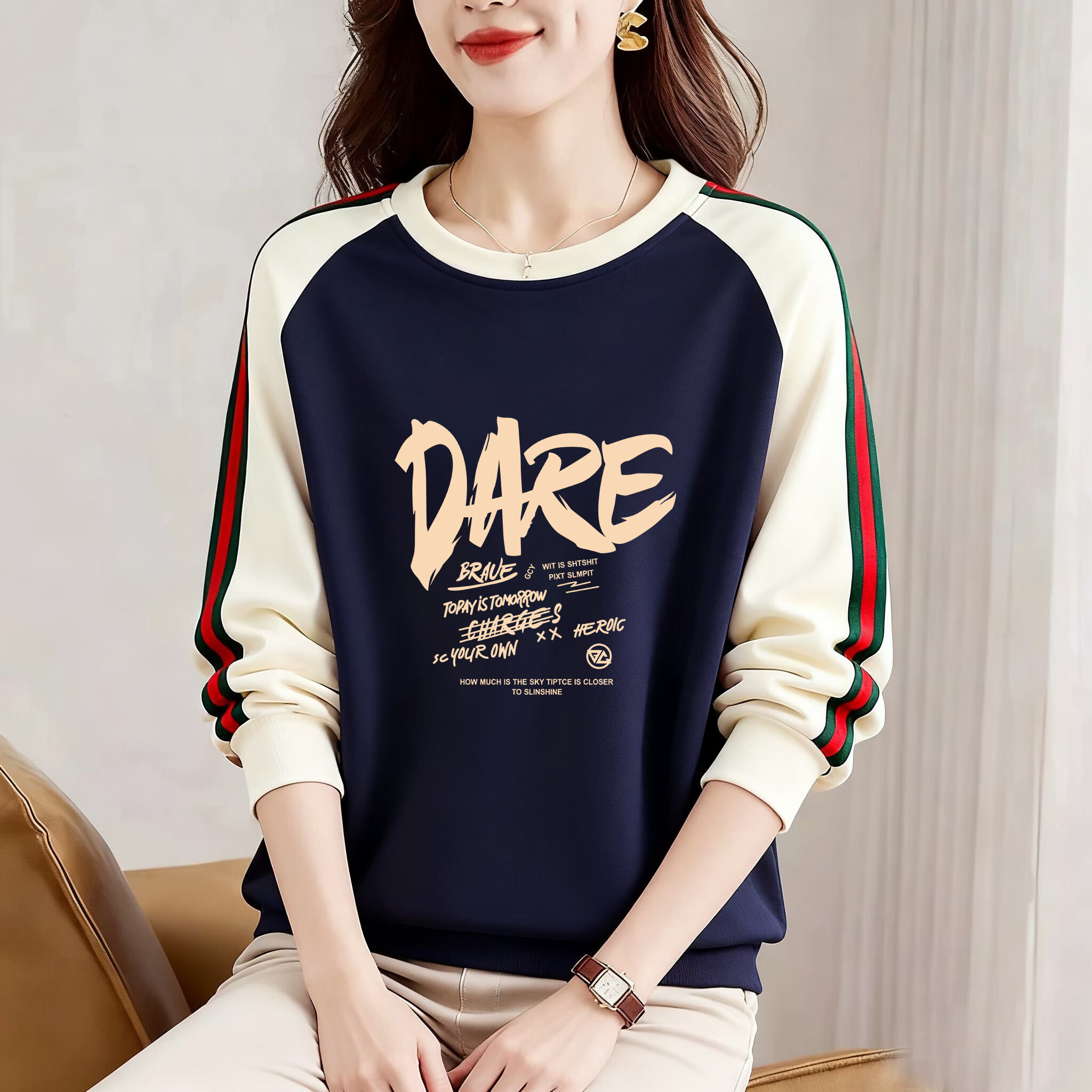 外贸出口纯棉圆领大码休闲撞色长袖卫衣女春秋洋气减龄显瘦上衣潮,女装/女士精品,大码内搭,淘宝优惠券,粉丝福利购,淘宝优惠卷