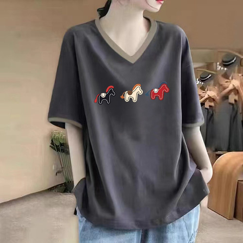 100%纯棉女短袖休闲t恤V领上衣