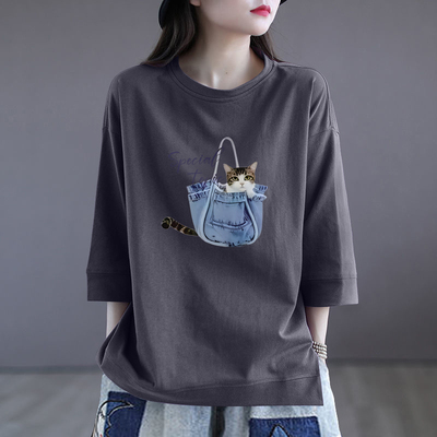 100%纯棉七分袖t恤女春夏