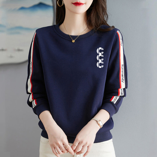 上衣 卫衣女秋冬休闲纯棉印花打底衫 外贸出口清仓女装 复古拼色长袖