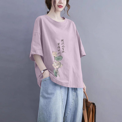 100%纯棉圆领短袖T恤女上衣
