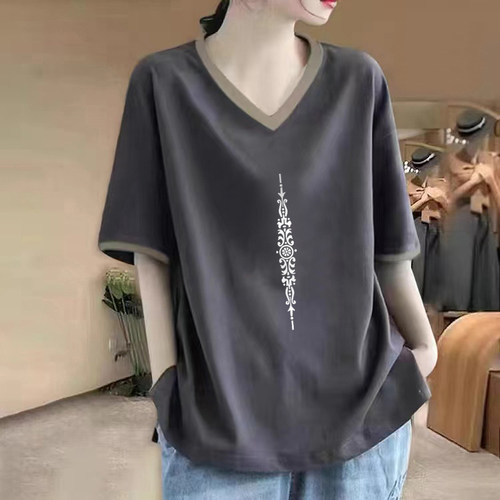100%纯棉短袖t恤女夏季V领