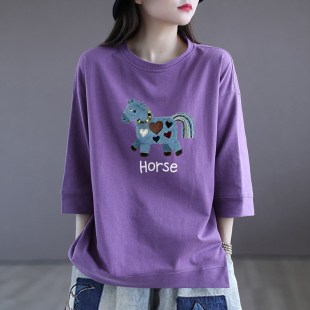 t恤 五分袖 外贸清仓出口100%纯棉休闲简约气质上衣女夏季 宽松时尚