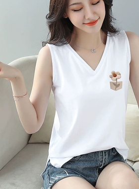 外贸出口纯棉100%时尚V领开叉背心上衣女白色高级宽肩无袖吊带T恤