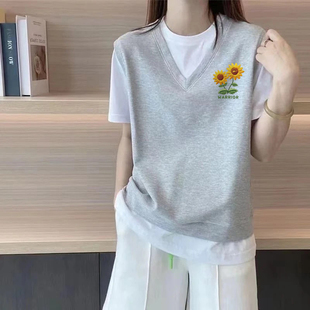 外贸出口100%纯棉假两件气质上衣女时尚 休闲t恤 拼接宽松洋气短袖