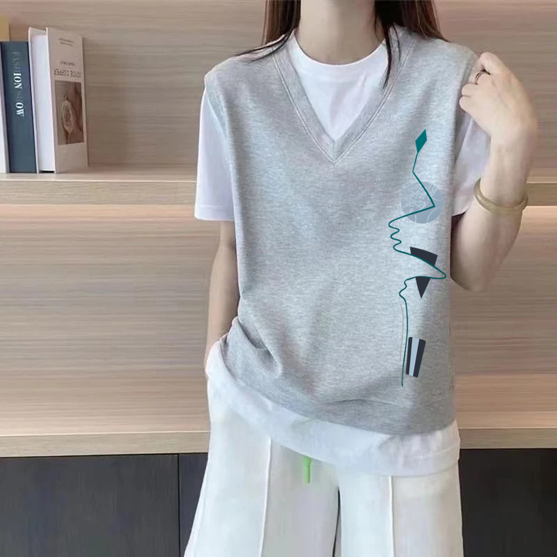 100%纯棉气质短袖假两件T恤上衣