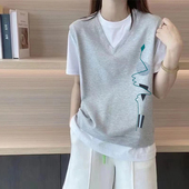 外贸大牌出口清仓100%纯棉气质短袖 假两件T恤宽松休闲时尚 上衣夏